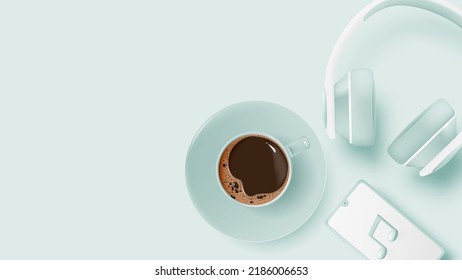 Café y objetos musicales para el descanso en 3d ilustraciones de arte reailístico vectorial pastel
