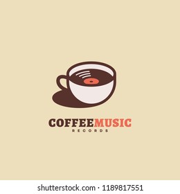 Coffee music records logo design template with a cup and a vinyl record. Vector illustration.