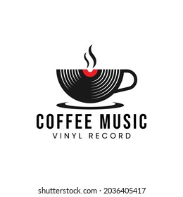 Coffee music records logo design template with a cup and a vinyl record. Vector illustration.