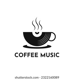 Coffee music records logo design template with vinyl record