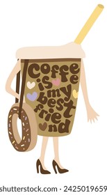 Coffee is my best friend. Coffee mug donut. Cute vector isolated illustration with lettering.
