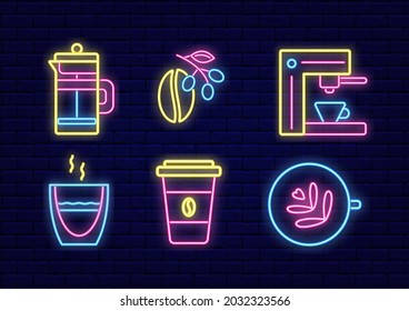 Coffee neon light icon collection. Coffee to go and cup icon. Beans and espresso machine. Night bright signboard. Outer glowing effect banner. Editable stroke. Vector illustration