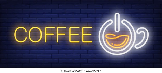 Coffee neon sign. Cup shaped coffee machine button on brick wall background. Vector illustration in neon style for coffee shops and cafes