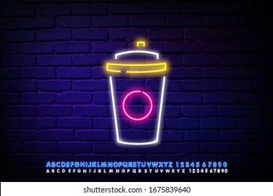 Coffee neon sign logo vector illustration, emblem in neon style, bright night sign, night advertisement of coffee