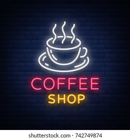 Coffee neon sign logo vector illustration, emblem in neon style, bright night sign, night advertisement of coffee