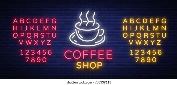 Coffee neon sign logo vector illustration, emblem in neon style, bright night sign, night advertisement of coffee. Editing text neon sign. Neon alphabet.