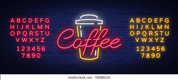 Coffee neon sign logo vector illustration, emblem in neon style, bright night sign, night advertisement of coffee. Editing text neon sign. Neon alphabet.