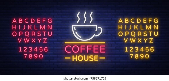 Coffee neon signboard, logo, glowing emblem, vector illustration for your business. A bright signboard advertising coffee, hot drinks. Editing text neon sign. Neon alphabet.