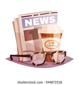 Coffee with a newspaper and glasses. Design concept. Vector illustration in retro cartoon style