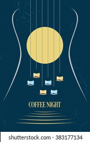 Coffee night art vector. Moon night with coffee cups as a silhouette of guitar over background. Music night coffee vintage poster.