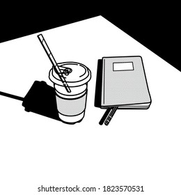 Kaffee- und Schreibtisch, Büroobjekte, Arbeitselemente, Geschäftsausstattung, Vektorgrafik