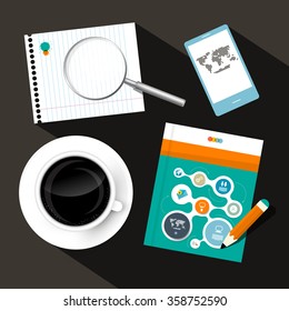 Coffee - Notebook - Cell Phone and Book or Brochure Object on Table Vector Illustration
