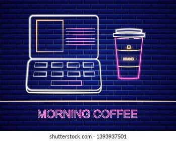Coffee and notebook neon sign Vector billboard. Glowing symbol dark background. Cafe menu templates