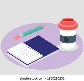Coffee with notebook, working place Vector design