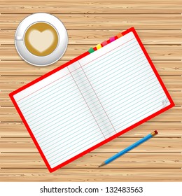 coffee, notepad and pencil on a wood background.Illustration vector EPS10.