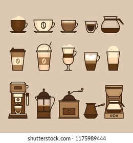 Objetos de café y equipamiento. Métodos de elaboración de café y café. Cafetera y máquinas, hervidor, prensa francesa, moka pot, cezve. Estilo plano, ilustración vectorial. 