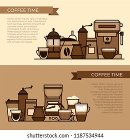 Coffee objects and equipment. Cup and coffee brewing methods. Coffee makers and coffee machines, kettle, french press, moka pot, cezve. Flat style, vector illustration. 