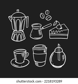 Coffee objects outline icons set hand drawn white color isolated on a chalkboard. Vector illustration art design for poster, menu and cafe bar.