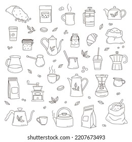 Coffee objects set. Kettle, pots, kraft paper bags, cup, mug, macaroon, jug, geyser coffee maker, coffee grinder, croissant. Doodle style.