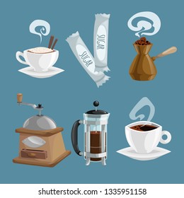 Coffee objects set. White cup of coffee with cream and cinnamon sticks, sugar sachetes, turkish coffee maker cezve, grinder, french press. Vector cartoon style flat illustrations.