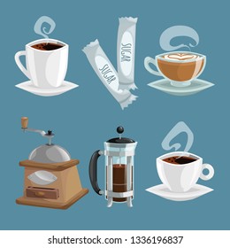 Coffee objects set. White cup of coffee with heart shaped cream, sugar sachetes, grinder, french press. Vector cartoon style flat illustrations.