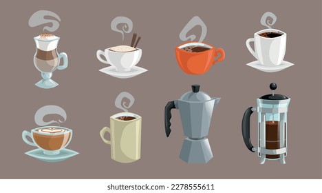 Conjunto de objetos de café. Café blanco con crema y canela, bolsitas de azúcar, cafetera turca cezve, molino, prensa francesa. Ilustraciones planas de dibujos animados.