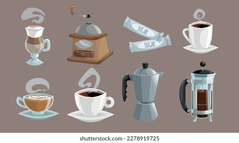 Conjunto de objetos de café. Café blanco con crema en forma de corazón, bolsitas de azúcar, molino, prensa francesa. Ilustraciones planas de dibujos animados.