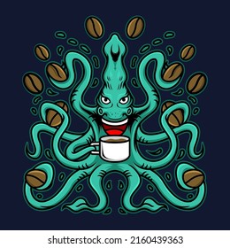 Coffee and octopus logo. Vintage apparel logo design vector. Retro logotype. Eps 10.