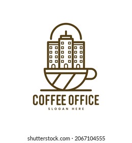 coffee office logo. office line design and cup of coffee. Vector line art icon template