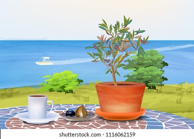 Coffee and olive tree at summer sea background Vector