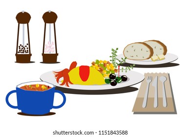 Coffee and omelets.There is egg dish on the table.Illustration of healthy breakfast.
