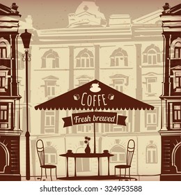 Coffee on the background of the cityscape, table, chairs, cup, house, graphics, menus, coffee, vector, banner, illustration