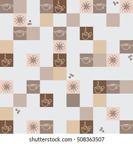Coffee on the chessboard. The pattern in pastel colors. Design for fabrics, tapestries, packages, napkins.