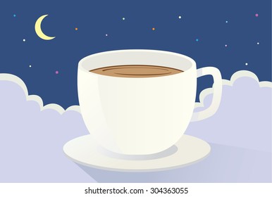 Coffee on the cloud at night. This is illustration about drink coffee because sleepless