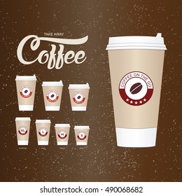 Coffee on the go cups. Different sizes of take away paper coffee cups vector illustration. 