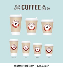 Coffee on the go cups. Different sizes of take away paper coffee cups vector illustration. 