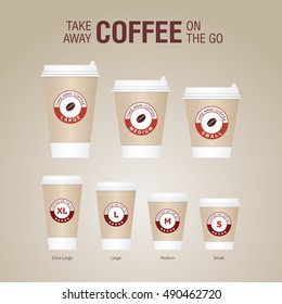 Coffee on the go cups. Different sizes of take away paper coffee cups vector illustration. 
