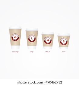 Coffee on the go cups. Different sizes of take away paper coffee cups vector illustration. 