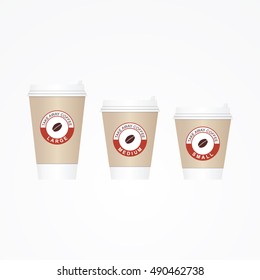 Coffee on the go cups. Different sizes of take away paper coffee cups vector illustration. 