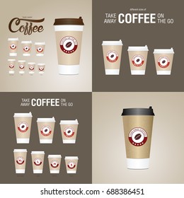 Coffee on the go cups. Different sizes of take away paper coffee cups vector illustration.