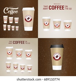 Coffee on the go cups. Different sizes of take away paper coffee cups vector illustration.
