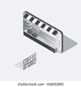 Coffee on mobile, Online payment on mobile, flat 3d web isometric icon concept , electronic business sales in vector concept.