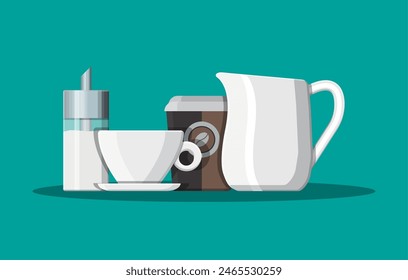 Coffee on saucer, milk jug, sugar dispenser and paper coffee cup. Vector illustration in flat style