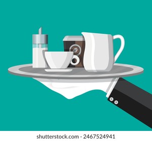 Coffee on saucer, milk jug, sugar dispenser and paper coffee cup on plate in hand of waiter. Vector illustration in flat style