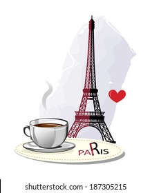 Coffee on table and Eiffel tower in Paris