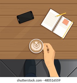 Coffee on table. Vector Illustration. Creative Office Workspace. Icons
