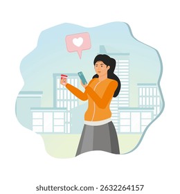Café No caminho conceito. Mulheres de sucesso no escritório elegante vestem segurando xícara de papel descartável de café quente e usando smartphone enquanto caminham ao ar livre na cidade moderna.