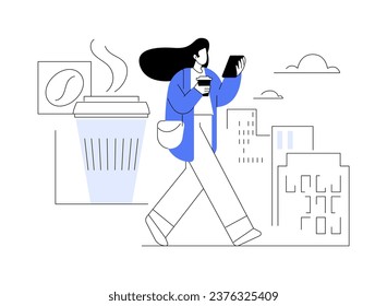 Coffee on the way isolated cartoon vector illustrations. Young woman holding phone, waking and drinking coffee, people lifestyle, on the way to work, morning rituals vector cartoon.