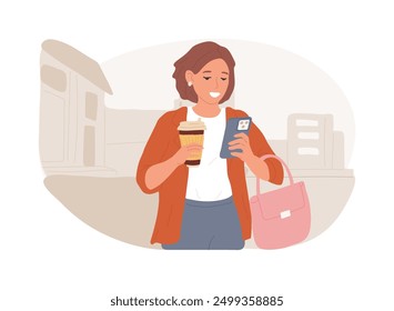 Coffee on the way isolated cartoon vector illustrations. Young woman holding phone, waking and drinking coffee, people lifestyle, on the way to work, morning rituals vector cartoon.