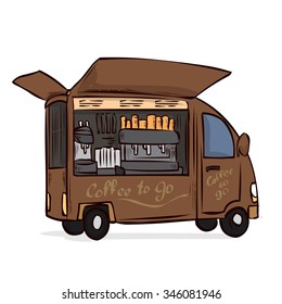 Coffee on wheels. Mobile cafe. Coffee car. Hand drawn cartoon vector illustration.